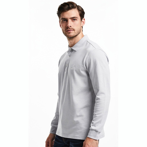 Camiseta de Manga Larga Tejida para Hombre, Color Sólido, Corte Regular, Poliéster/Algodón, Cuello Camisero, Transpirable, para Verano - Product Image 3
