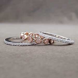Pink Round Cut Moissanite Full Eternity Three Band <b>Ring</b> Set 925 Silver Fine <b>Proposal</b> Gift For Engagement Wedding Charms - Product Image 2