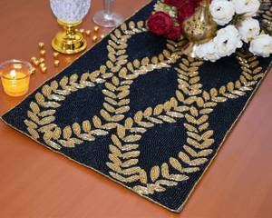 Black Gold Beaded <b>Table</b> Runner Rectangle Fabric Glam Handmade Mats - Product Image 4