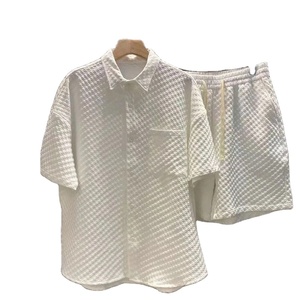 Costume d'été ample pour hommes Chemise à manches courtes en treillis + short Style britannique Costume décontracté deux pièces Jogger Outfit Tracksuit - Product Image 3