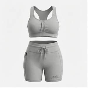 North Approach 2 Piece Yoga Set Racerback Crop <b>Top</b> High Waist Shorts With Pockets <b>Sweat</b> Wicking Breathable Sportswear - Product Image 1