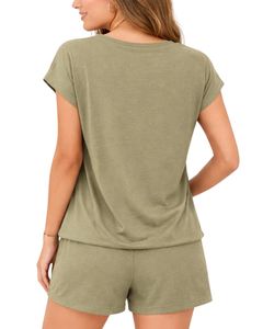 Olive <b>Green</b> Women Lounge Set Short Sleeve TShirt & Shorts Casual Summer Pajama Set Soft Breathable Cotton Blend Two Piece Outfit - Product Image 2