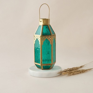 Signature <b>Gold</b> Metal Moroccan <b>Lantern</b> with Teal Embossed Glass Decorative Candle Holder for Ramadan Home Table Decor - Product Image 2