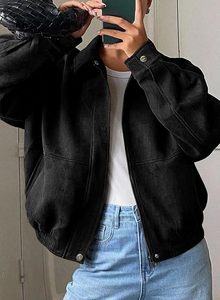 Veste en daim noir pour femme, fermeture éclair, col montant, style hiver, coupe-vent, matière épaisse - Product Image 5