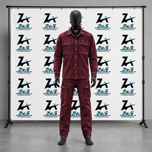 Ensemble de survêtement cargo deux pièces en jean bordeaux personnalisé avec fermeture éclair, style streetwear, pour la vente en gros - Product Image 1
