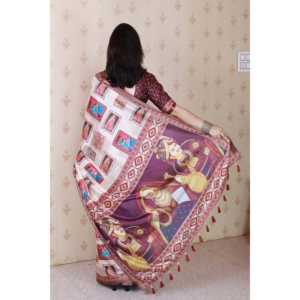 Sari de Seda Tussar con Estampado de Figuras Kalamkari, Color Granate, con Borde Tejido con Hilo Zari, Tejidos de Primera Calidad, 450g - Product Image 4