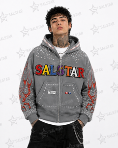 Custom <b>Men's</b> <b>Grey</b> Rhinestone Graphic Hoodie Jacket Zip Up Streetwear Hooded <b>Sweatshirt</b> Premium Embroidered Hip Hop Fashion - Product Image 1