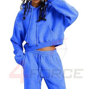 Pantalones de chándal de lana de algodón recortados personalizados para mujer, conjunto de jersey liso bordado de 2 piezas con Sudadera con capucha, talla 6XL para invierno - Product Image 5