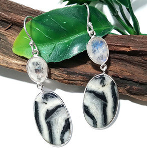 Natural Zebra Jasper & Rainbow Moonstone Oval Cut Silver Plated 925 Sterling Silver Handmade Drop <b>Earrings</b> for Women/Unisex - Product Image 4