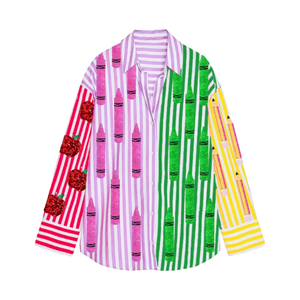 Chemise décontractée oversize patchwork pour femme, style printemps-été, avec col rabattu en coton crayon, idéale pour la rentrée scolaire - Vente en gros - Product Image 2