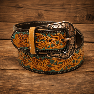 Vintage Tooling <b>Leather</b> Pin Buckle Cowhide <b>Belt</b> Adjustable Length Floral Embossed <b>Men's</b> Fashion Western <b>Leather</b> Tooling <b>Belt</b> - Product Image 3