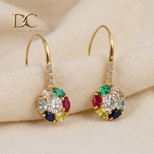 14KT Solid Yellow Gold Hoop Drop <b>Earring</b> with Lab Grown Diamond and Multi Gemstone IGI Certified Vintage <b>Fine</b> Jewelry for Women - Product Image 3