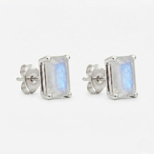 Wholesale <b>Sterling</b> <b>Silver</b> Fine Prong <b>Set</b> <b>Stud</b> <b>Earrings</b> Rhodium-Plated Moonstone Emerald Cut Romantic Party Gift Wedding - Product Image 3