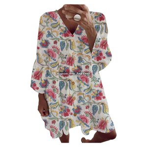 เดรสผ้าฝ้ายพิมพ์ลายโบฮีเมียน แขนทรงระฆัง เสื้อผู้หญิงน้ำหนักเบาสำหรับฤดูร้อน เสื้อเชิ้ตสไตล์ลำลอง แรงบันดาลใจจากฮิปปี้ โบโฮท็อป - Product Image 1