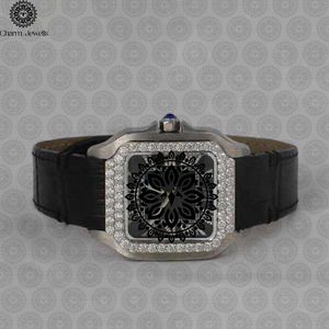 Charm Jewells Reloj cuadrado de lujo de acero inoxidable, 38 mm, bisel de diamantes, correa de cuero, cuarzo analógico, unisex - Product Image 1