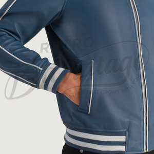Men Blue Genuine Leather Bomber <b>Jacket</b> with White Racing Stripes and Contrast Ribbed Cuffs <b>Slim</b> <b>Fit</b> Sporty Outwear - Product Image 1