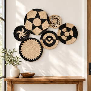 Ensemble de 6 décorations murales rondes en jute personnalisables, noir et naturel, style bohème géométrique, pour la décoration intérieure et les hôtels - Product Image 5