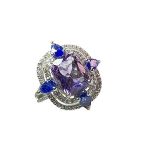 Natural Amethyst And Blue Sapphire Gemstones With Single Cut Diamond 925 Sterling <b>Silver</b> <b>Ring</b> - Product Image 1