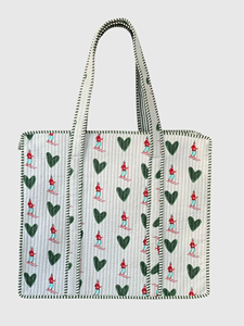 Sac fourre-tout en toile style preppy avec motif ski et broderie cœurs verts, fermeture ouverte, sac de shopping pour femme toutes saisons - Product Image 1
