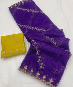Sari en organza sergé pur et doux, brodé à la main, avec chemisier en satin épais, pour femme, idéal pour les fêtes et mariages, tenue ethnique traditionnelle de créateur moderne - Product Image 5