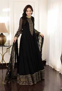 Robe Anarkali en mousseline noire brodée, col montant, manches longues, longueur ras du sol, traîne chapelle, style mère de la mariée - Product Image 6