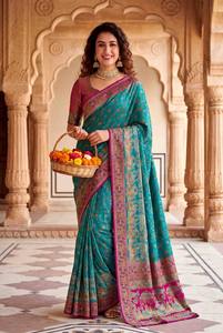 Sari en soie Pashmina Rajwadi, tissage de fils cachemiriens, pallu, bordure Zari lourde, doux, traditionnel, pour mariage et fêtes - Product Image 3