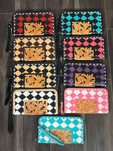 Premium Rustic Hand Tooled Genuine Leather Checkered Pattern <b>Clutches</b> Purse Zipper With Luxury Flower Design Women's Daily Use - Product Image 3