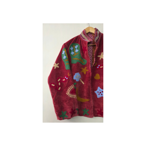 Prairie Chic Embroidered Woven Velvet <b>Quilted</b> <b>Jacket</b> Red Floral <b>Pattern</b> Spread Collar Full Sleeve Autumn Women's Wear - Product Image 5