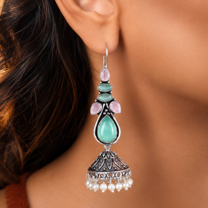 Oxidized <b>Silver</b>-Plated Cat Eye Stone Jhumka <b>Earring</b> for Women | Green Pink Gemstone <b>Dangle</b> <b>Earrings</b> | Indian Ethnic Boho Jewelry - Product Image 3