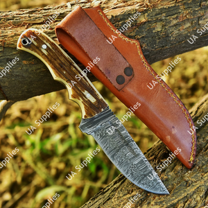 Cuchillo de Caza y Supervivencia de Hoja Fija de Acero de Damasco Personalizable con Cuerno de Ciervo, Funda de Cuero, Venta al por Mayor, Cuchillos EDC - Product Image 2