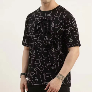 T-shirt personnalisé pour homme, noir, manches courtes, col rond, avec motif abstrait blanc, coupe classique, jersey en coton tricoté décontracté - Product Image 6
