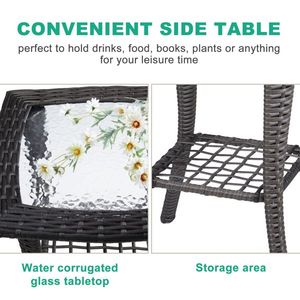 Outdoor Grey Wicker Side Table with Glass Top Rattan End Table for Patio Coffee Bistro Table for Indoor Garden Porch Balcony - Product Image 4
