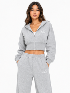 Conjunto de chándal personalizado para mujer con sudadera corta con cremallera frontal, pantalón palazzo de corte relajado, cintura fruncida, joggers oversize y hombros caídos - Product Image 3