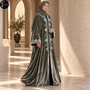 Tissu en velours olive charbon brodé de feuilles avec des paillettes argentées |   Tissu texturé brillant pour robe Abaya et tenues de cérémonie - Product Image 4