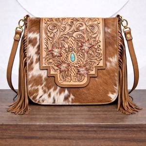 Western Designer Hand Tooled Carving Leather Fringe Handbag Cowhide Fur Gypsy <b>Boho</b> Vintage Handmade Shoulder <b>Bag</b> Stylish <b>Bags</b> - Product Image 4