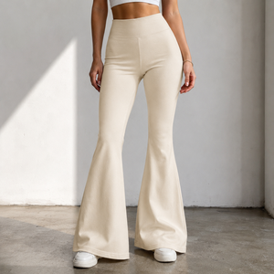 Women High Waist Flare <b>Pants</b> Solid Color Full Length Knitted Breathable Casual Elastic Waist Spandex Polyester <b>Pants</b> - Product Image 4