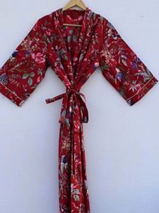Robe kimono imprimée oiseaux rouges pour femme, 100 % coton, col en V, tenue d'été décontractée, paréo de plage, kimono de style japonais - Product Image 5