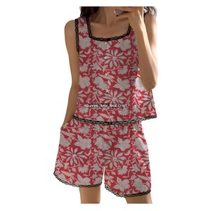 Conjunto de Pijama de Verano para Niñas, de Algodón con Estampado Floral, con Ribete de Encaje, Pantalones Cortos, Conjunto de Pijama sin Mangas con Estampado Floral, Oferta - Product Image 1