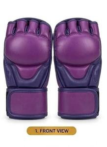 Gants de MMA en cuir PU violet, demi-doigts, équipement d'entraînement de boxe avec support de poignet en velcro - Product Image 3