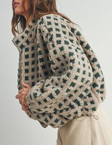 Best Selling Women's Cream <b>Green</b> Grid Sherpa <b>Jacket</b> Jacquard Pile Knit Full Zip Elastic Cuffs Shock <b>Cord</b> Hem B2B Manufacturing - Product Image 4