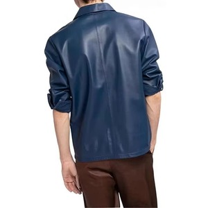 <b>Men's</b> <b>Navy</b> <b>Blue</b> Satin Casual <b>Shirt</b> Three Quarter Sleeve Turn-down Collar Solid Color Workwear Style Autumn Wear - Product Image 3