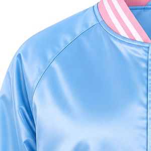 เสื้อแจ็คเก็ตผ้าซาตินสีน้ำเงินและชมพู แต่งขอบตัดสีพร้อมลายตัวอักษร  แบบเบสบอล ติดกระดุม น้ำหนักเบา สวมใส่สบาย - Product Image 2