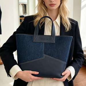 Bolso Tote de Mezclilla de Gran Capacidad para Mujer, Bolso de Mano de Tela Vaquera Azul Oscuro con Ribete de Cuero Vegano, Bolso de Hombro - Product Image 3