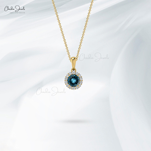 Trending Products 4mm Prong Set London Blue Topaz Gemstone Halo <b>Pendant</b> with 14k <b>Solid</b> <b>Gold</b> Customized Diamond <b>Pendant</b> Jewelry - Product Image 5