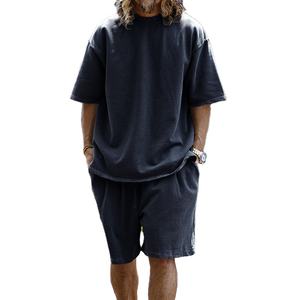 Ensemble short et t-shirt pour homme, qualité supérieure, été, 2 pièces, coupe ample, effet délavé, épaules tombantes, logo personnalisé imprimé - Product Image 6