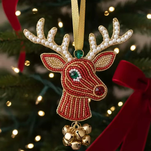 Adorno de Reno de Terciopelo con Cuentas Único, Hecho a Mano, Set de Regalo de Navidad, 4 Pulgadas de Alto, Marca K EXPORTS - Product Image 1