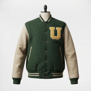 <b>Men's</b> Green Varsity <b>Jacket</b> With Cream Leather Sleeves Embroidered <b>Letter</b> Logo Turn-down Collar Autumn Preppy Style - Product Image 1