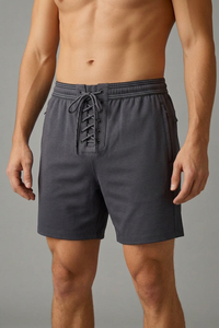 Shorts de boxe bleus pour hommes avec laçage gris sur le devant et taille élastique, en polyester respirant, pour l'entraînement toutes saisons - Product Image 6