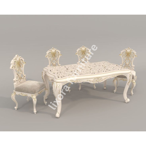 Ensemble de table à manger de luxe artisanal blanc et or pour 6 personnes, décor victorien orné de sculptures florales - Product Image 5