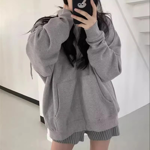 Sudadera con capucha para mujer, 400G, corte ajustado, hombros caídos, manga corta, capucha desmontable, cremallera regular, tejido sólido lavado, transpirable, de invierno - Product Image 1